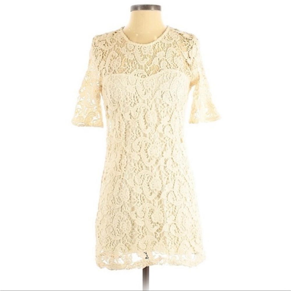 Sparkle & Fade S cream crochet layered 3/4 bell sleeves cut out back‎ mini dress
